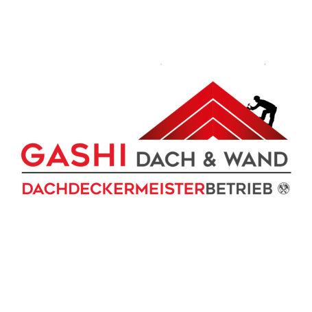 Logo von Gashi Dach & Wand, Dachdeckermeisterbetrieb mit rotem Dreiecksdesign.