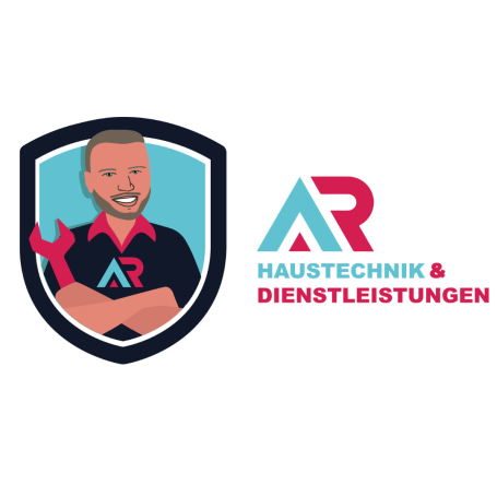 Logo für Haustechnik und Dienstleistungen mit ikonischer Figur und Werkzeug.