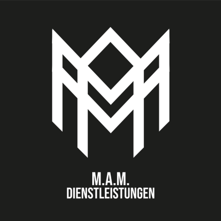 Schwarzer Hintergrund mit stilisiertem, weißem M.A.M. Logo und dem Text "DIENSTLEISTUNGEN".