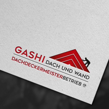 Logo von Gashi Dach und Wand mit einem roten Dachsymbol und dem Schriftzug Dachdeckermeisterbetrieb.