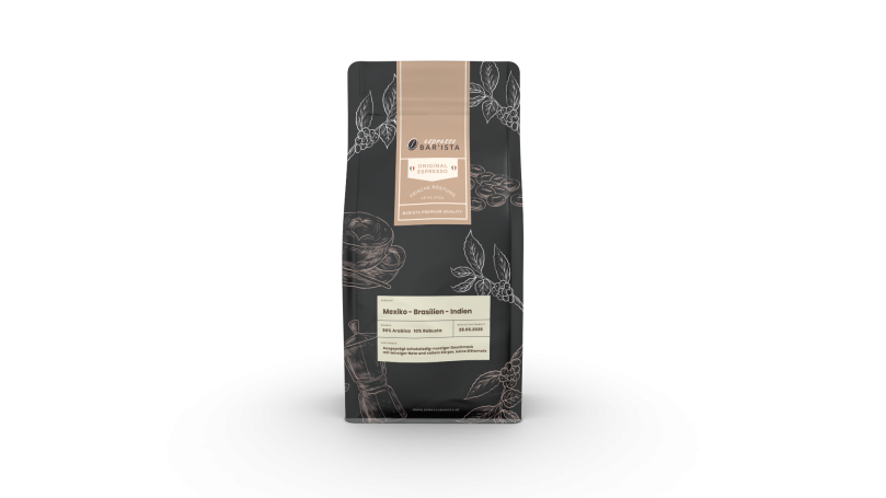 Schwarze Kaffeetüte mit beige Etikett und floralem Muster.