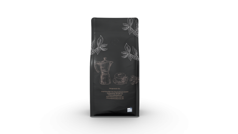 Schwarze Kaffeeverpackung mit dezentem, floralem Design und einem Logo.